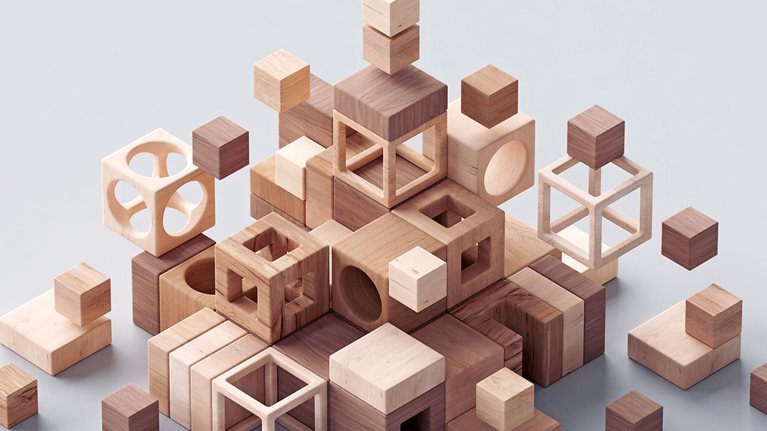 Wooden abstract cubes; the concept of sustainability and responsible business.