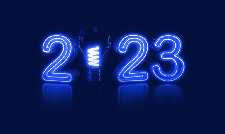2023 with lightbulb - stock photo