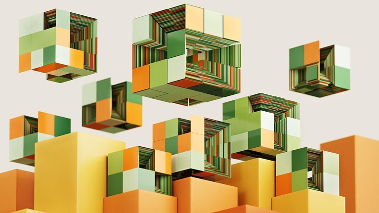 Digital generated image of futuristic cubes connecting. ESG, green technology, sustainability and responsible business concepts.