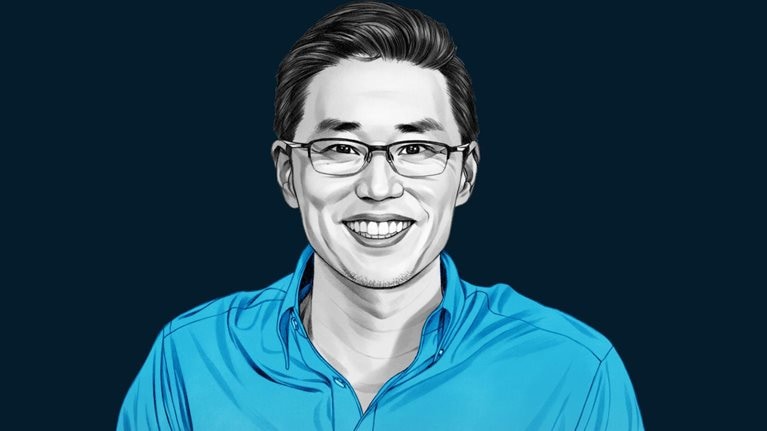 A hand-drawn illustration of Rodrigo Liang. The drawing features precise lines and subtle shading, using black and white tones for face and blues for attire.