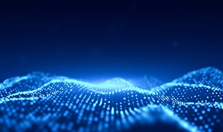 Wave Abstract Innovation Technology Digital Network Blue Background with Defocused Particles