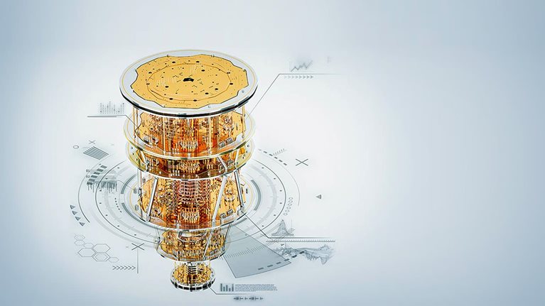 Quantum computer, gold silver mechanism isolated on white background - stock image