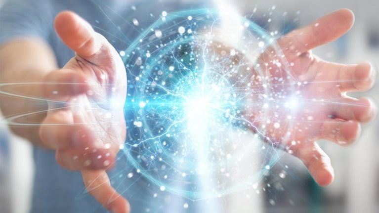 Businessman on blurred background creating renewable and sustainable eco energy with electrical sphere 3D rendering - stock photo