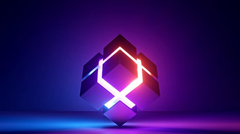 Against a dark blue backdrop, a cube radiates a vibrant blend of purple and orange light from its center. Divided in half crosswise, the center casts an ethereal glow onto the surrounding surface.
