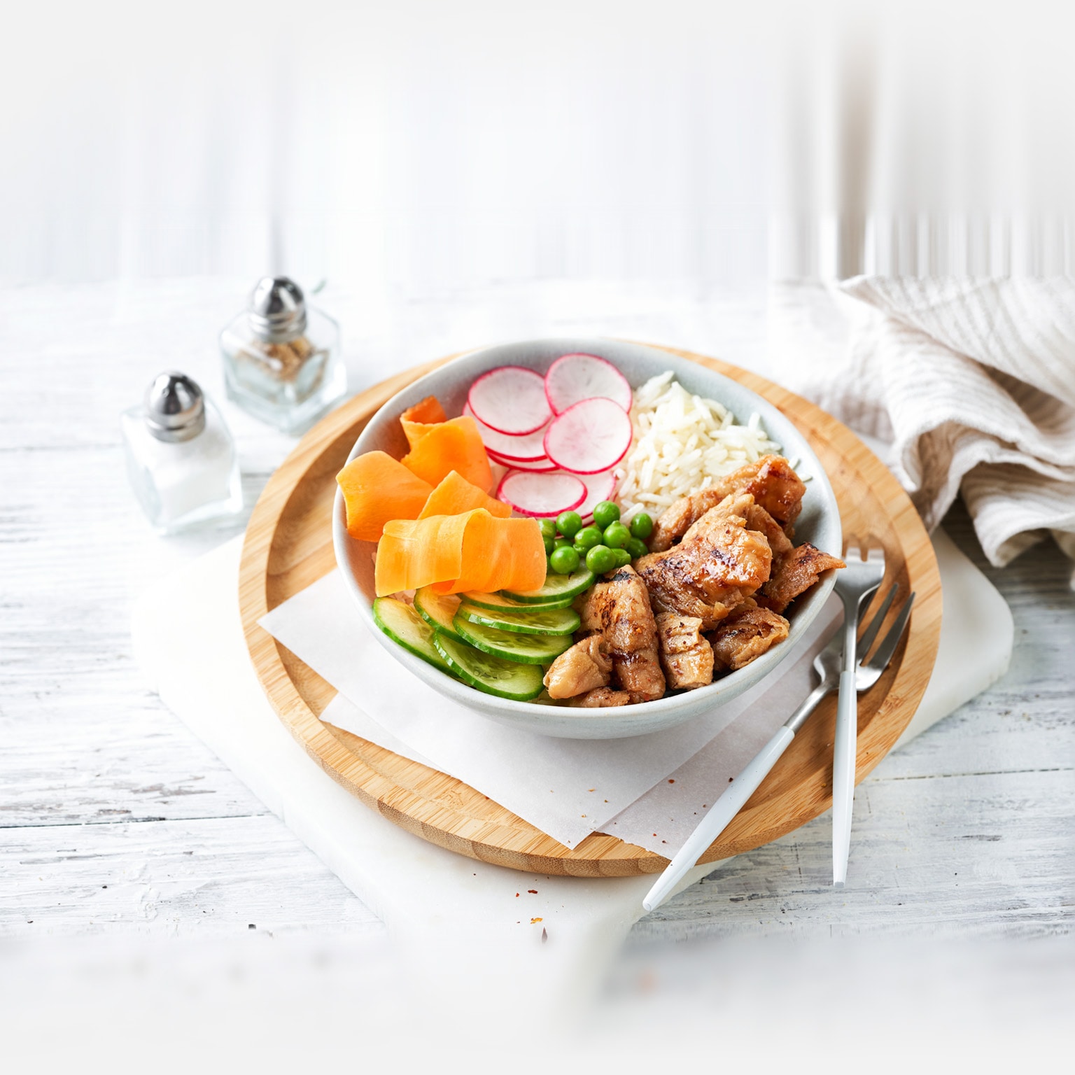 Healthy Vegan Poke bowl salad, heura vegetable protein, vegan chicken with variety vegetables, rice, served in bowl. - stock photo