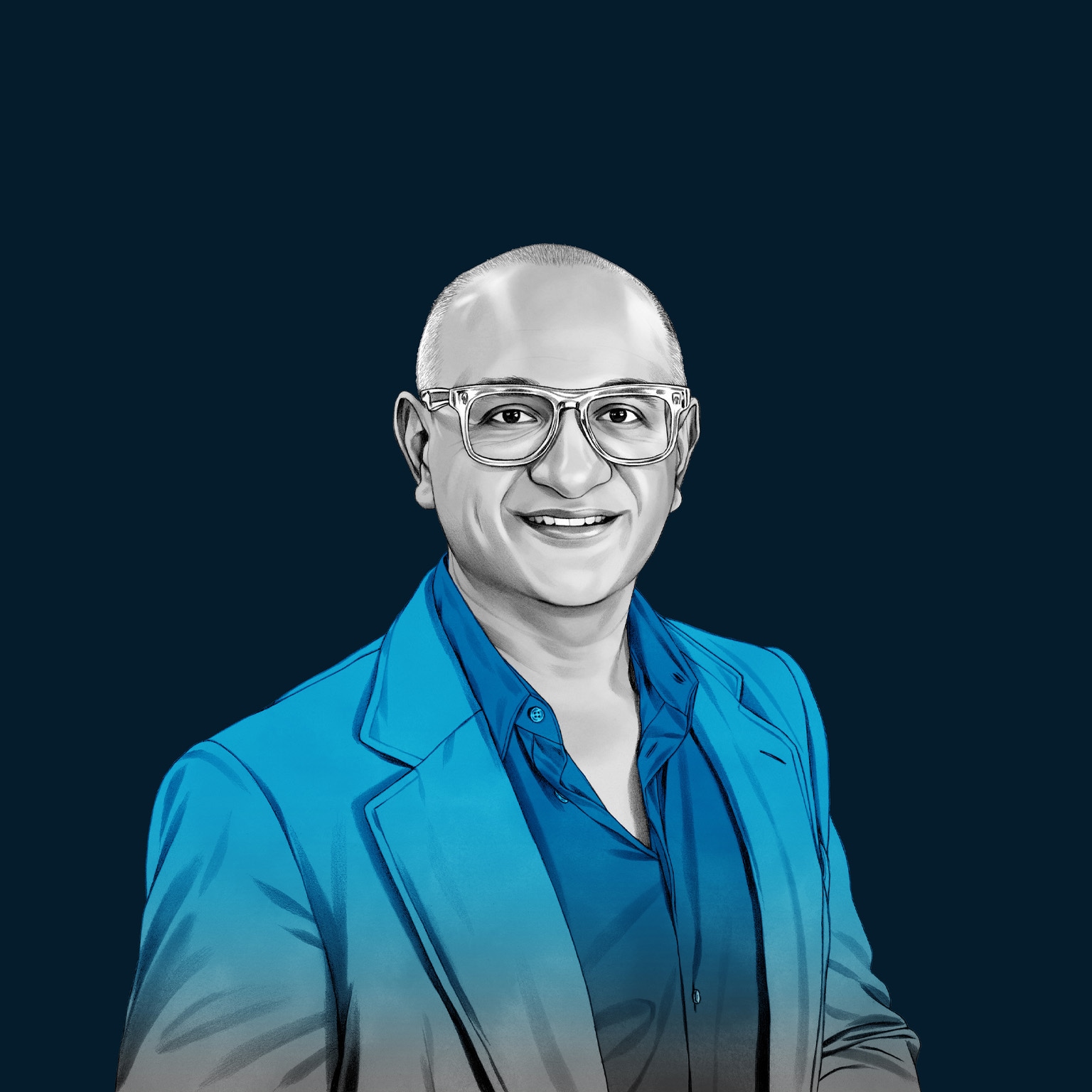 A hand-drawn illustration of Jeetu Patel, smiling and wearing glasses, and a blazer over a collared shirt. The drawing features precise lines and subtle shading, using black and white tones for her face and blues for her attire.