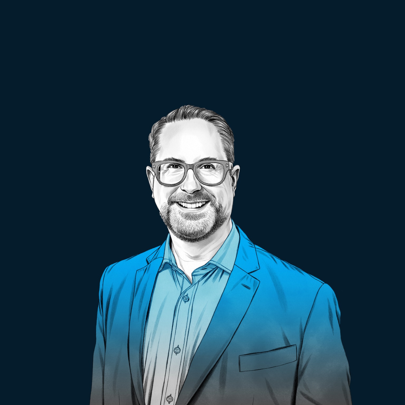 A hand-drawn illustration of Mark Boggett, with a friendly smile and wearing glasses, suit jacket and collared shirt. The drawing features precise lines and subtle shading, using black and white tones for his face and blues for his attire.