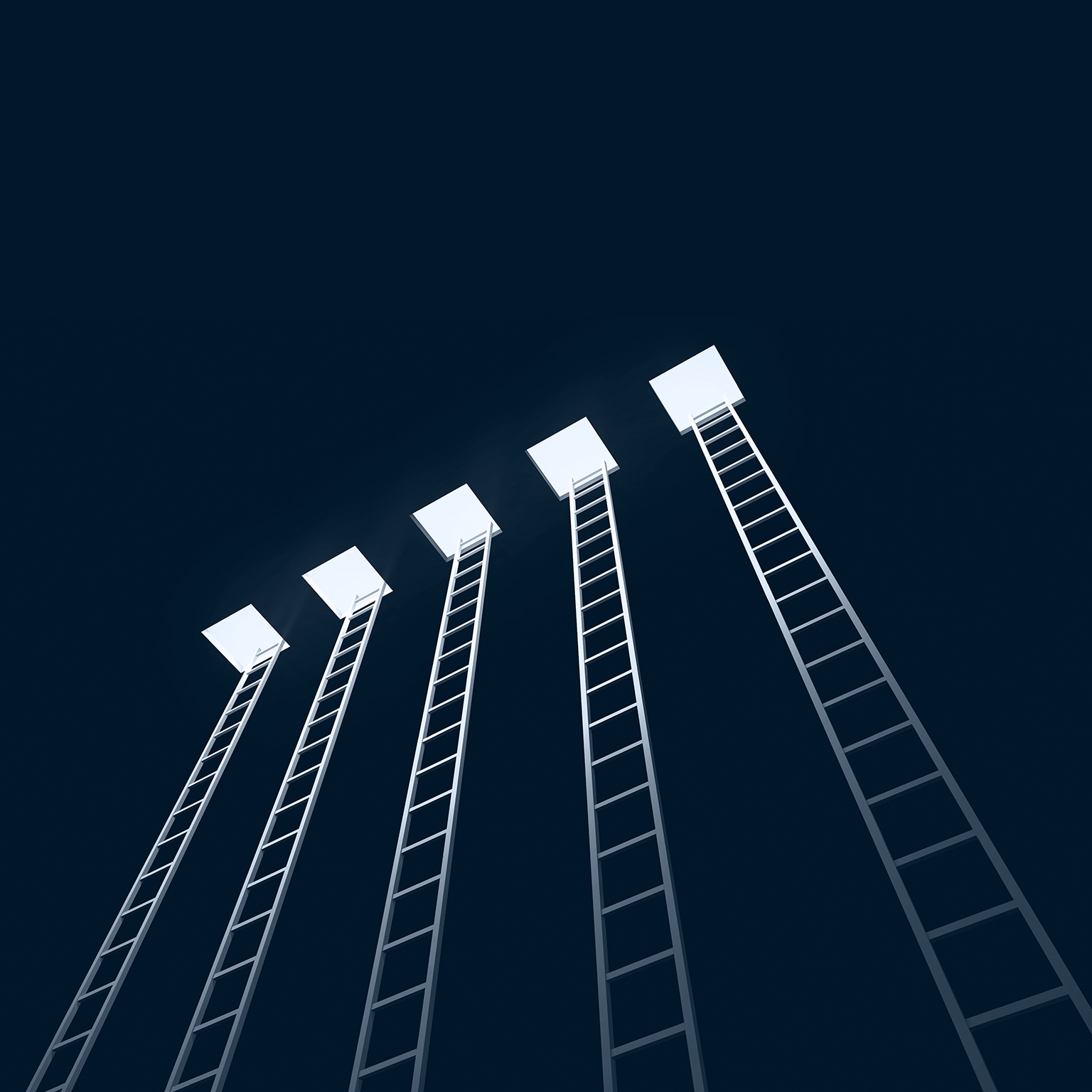 Five ladders leading to the exit, black background - stock photo