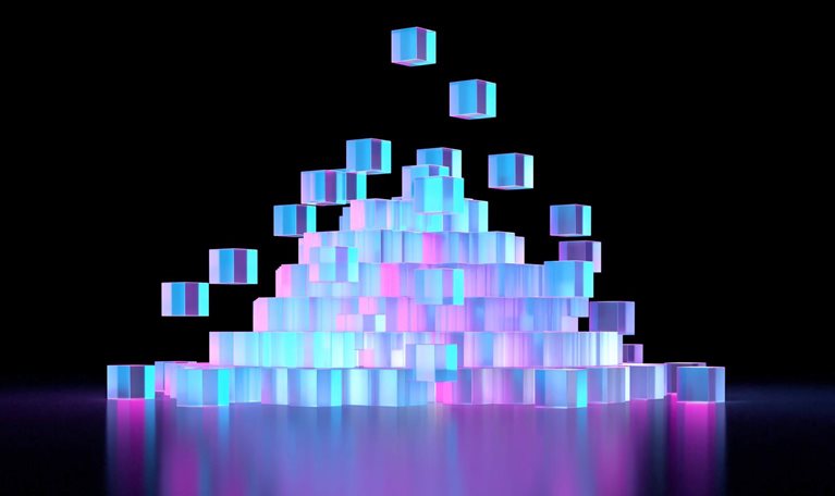 Numerous translucent cubes in shades of blue and pink, stacked a pyramid formation against a black background. The cubes appear to be glowing, creating a vibrant and futuristic aesthetic.