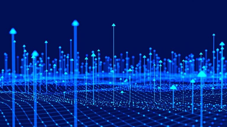 A digital landscape of interconnected nodes and upward-pointing arrows, visualized in vibrant blue.
