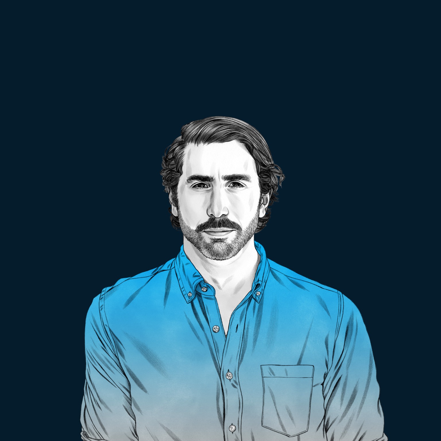 A hand-drawn illustration of Matt Ball, with a light smile and and a collared button-down shirt. The drawing features precise lines and subtle shading, using black and white tones for his face and blues for his attire.