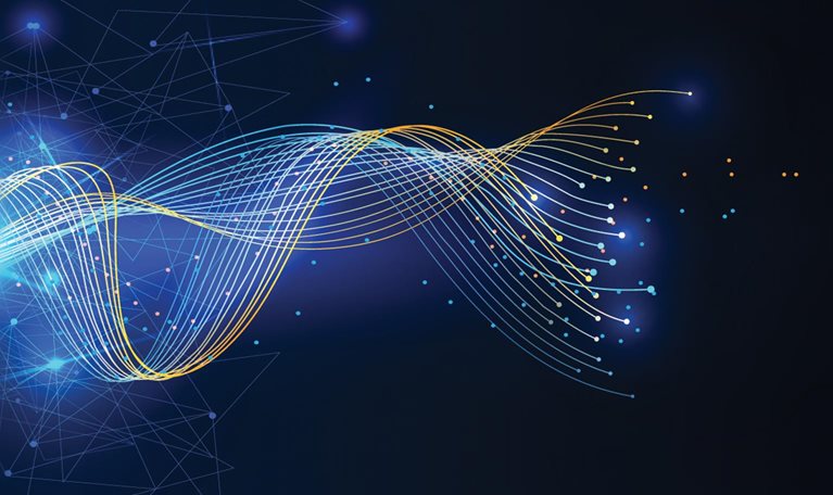 Multicolored lines coming together in a single line against a dark blue background