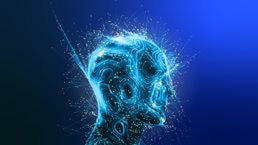 An abstract depiction of a human head constructed from slender strands of cyan light. Filigree-like light tendrils emanate from the head, culminating in radiant orange points of light.