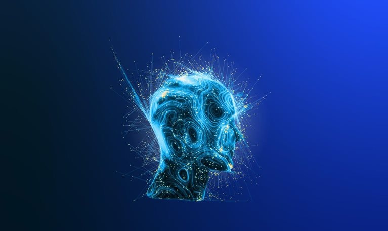 An abstract depiction of a human head constructed from slender strands of cyan light. Filigree-like light tendrils emanate from the head, culminating in radiant orange points of light.