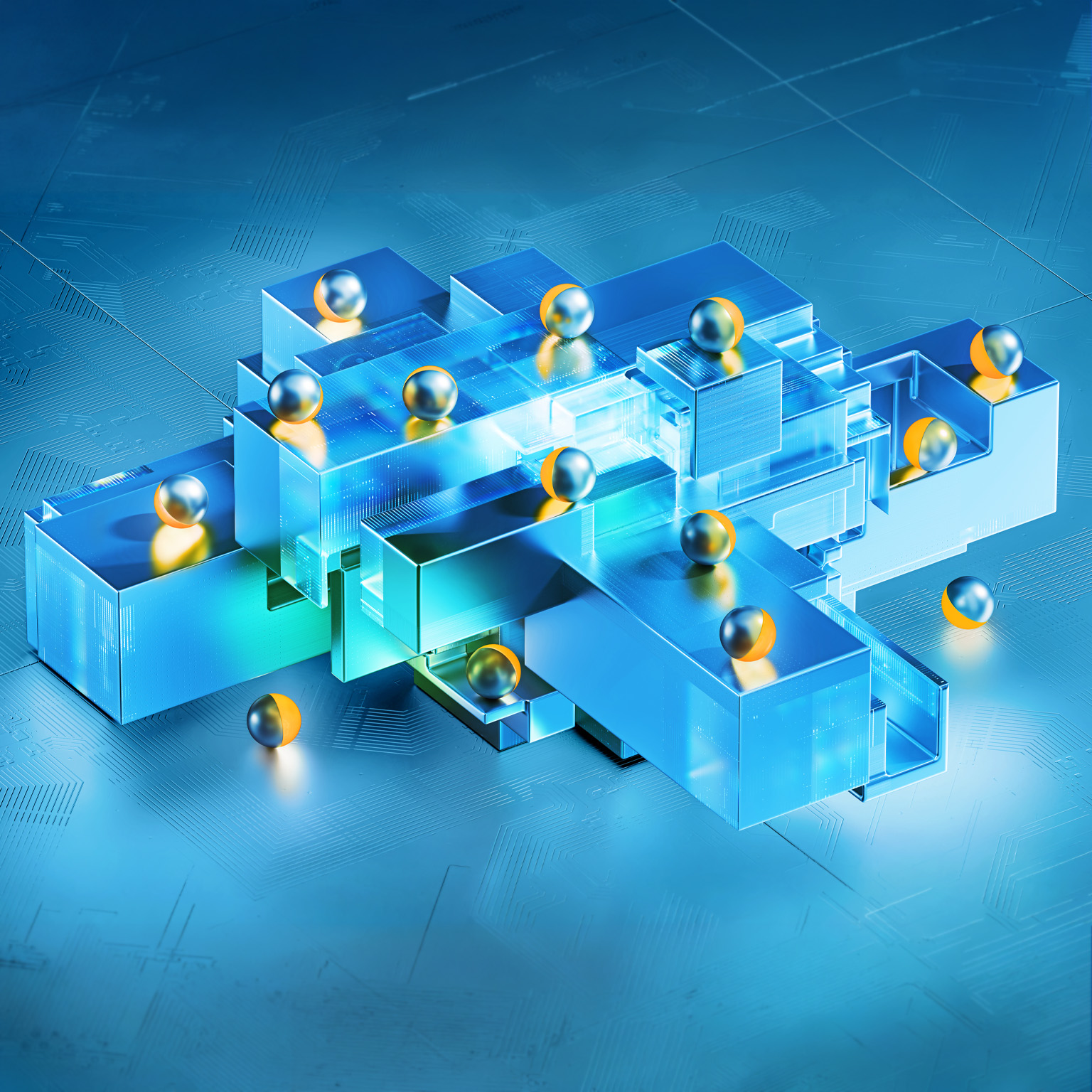14 metallic spheres with reflective silver-blue surfaces and golden accents are distributed across a geometric structure of translucent blue blocks and platforms interlayered with abstract circuits.