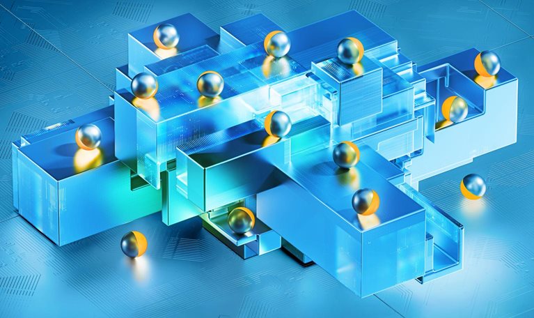 14 metallic spheres with reflective silver-blue surfaces and golden accents are distributed across a geometric structure of translucent blue blocks and platforms interlayered with abstract circuits.