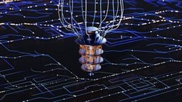 A futuristic quantum computer sits atop a glowing circuit board, symbolizing advanced technology, artificial intelligence, and the future of data processing. The intricate circuitry beneath the device highlights the complexity and power of quantum computing.