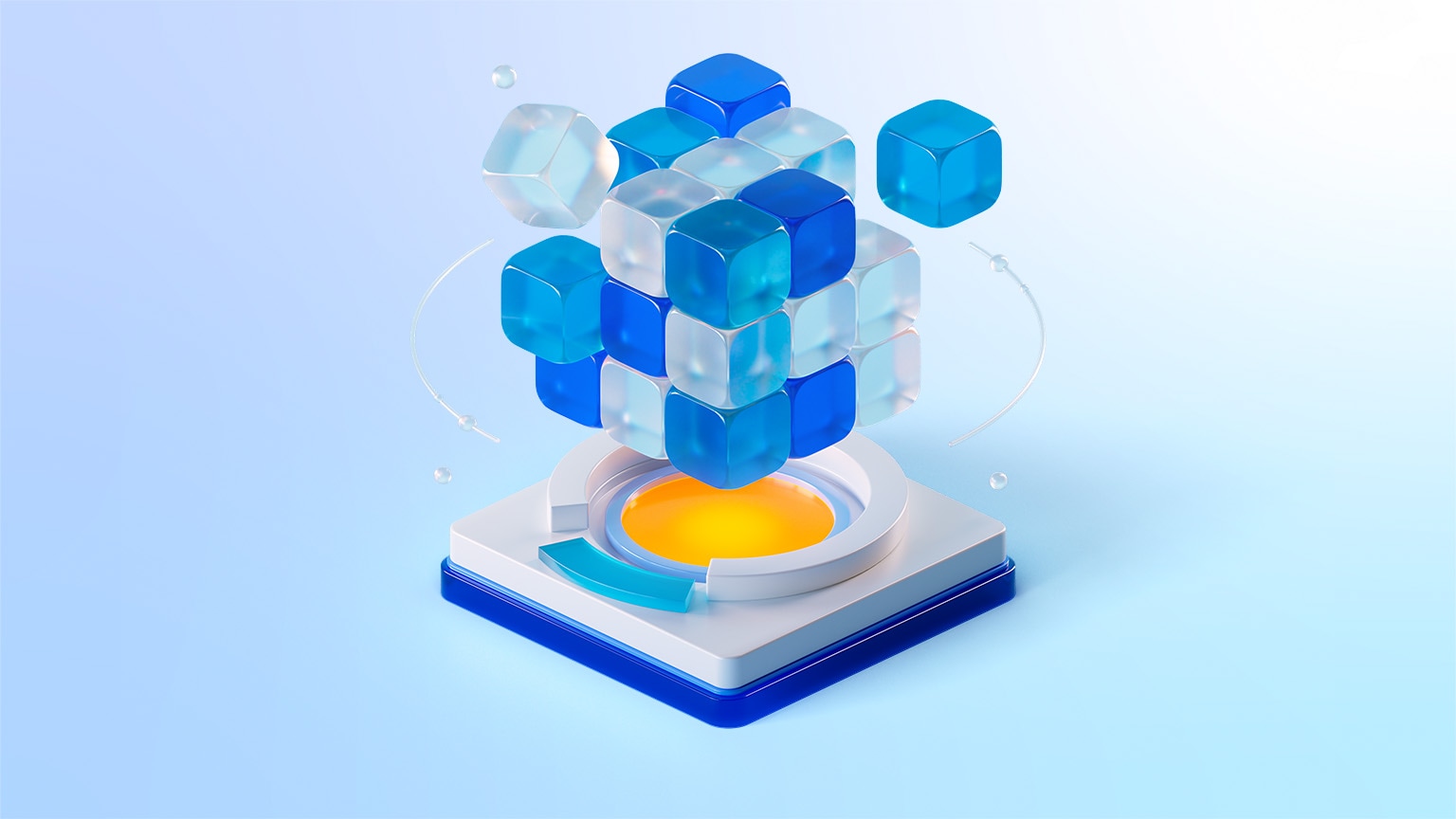 A large cube of small translucent blue cubes floats above a white-blue pedestal with an yellow center, encircled by faint curved lines of glass-like blue, white, and transparent materials. 