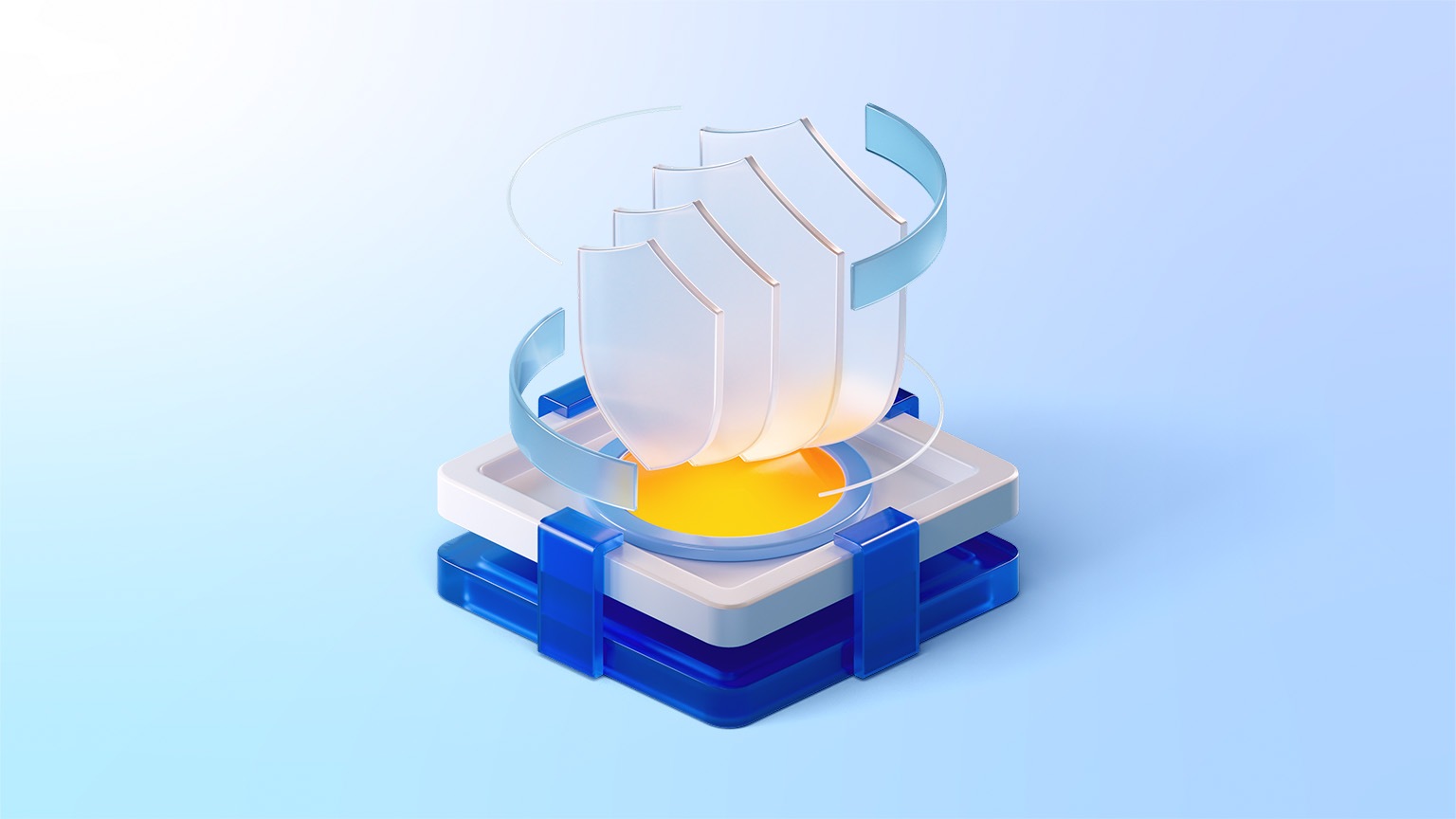 Three layered glass shields suspended above a square platform.