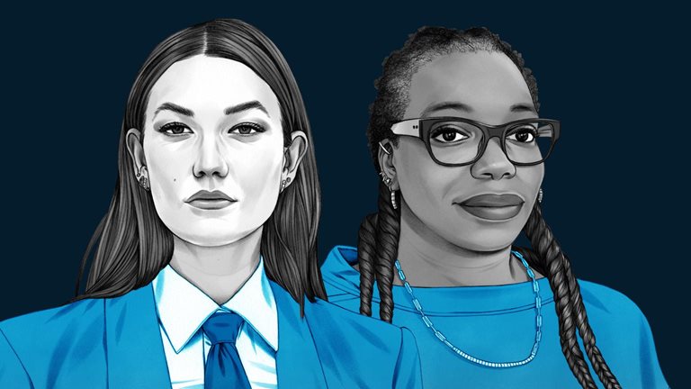 A depiction of Karlie Kloss and Osi Imeokparia in a stylized, illustrated portrait. Kloss woman is wearing a blue blazer and tie, while Imeokparia is wearing a blue sweatshirt and glasses.