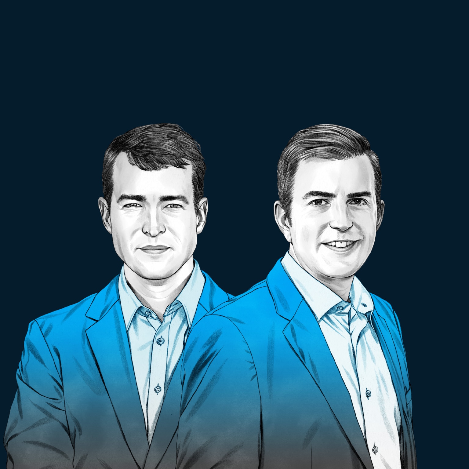 A hand-drawn image shows Jesse Klempner and Ryan Brukard standing next to each other, both dressed in suit jackets and collared shirts. The drawing features precise lines and subtle shading, using black and white tones for their faces and blues for attire.
