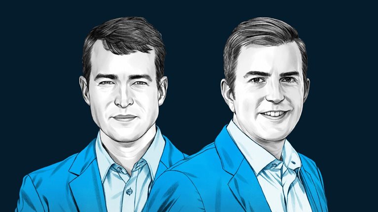 A hand-drawn image shows Jesse Klempner and Ryan Brukard standing next to each other, both dressed in suit jackets and collared shirts. The drawing features precise lines and subtle shading, using black and white tones for their faces and blues for attire.