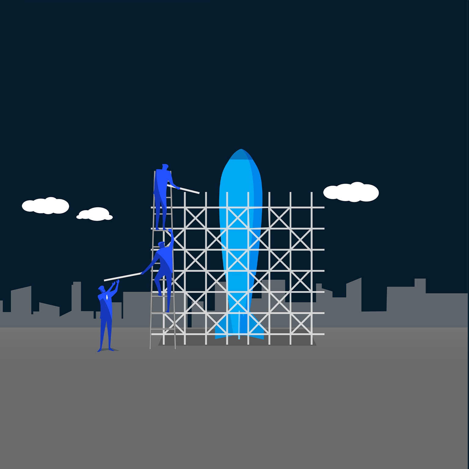 The image appears to be an illustration representing a team constructing or working on a rocket ship or similar structure.