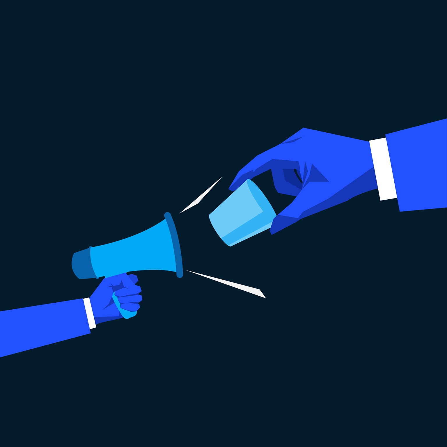 One hand holding megaphone, one hand moving closer holding cork to stop sound. - stock illustration