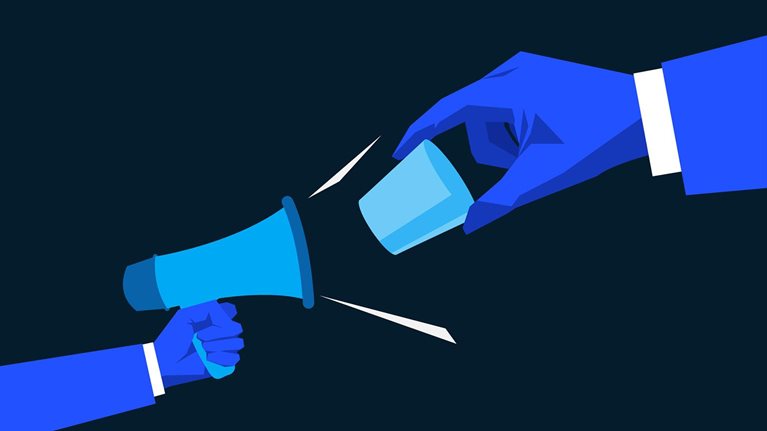 One hand holding megaphone, one hand moving closer holding cork to stop sound. - stock illustration