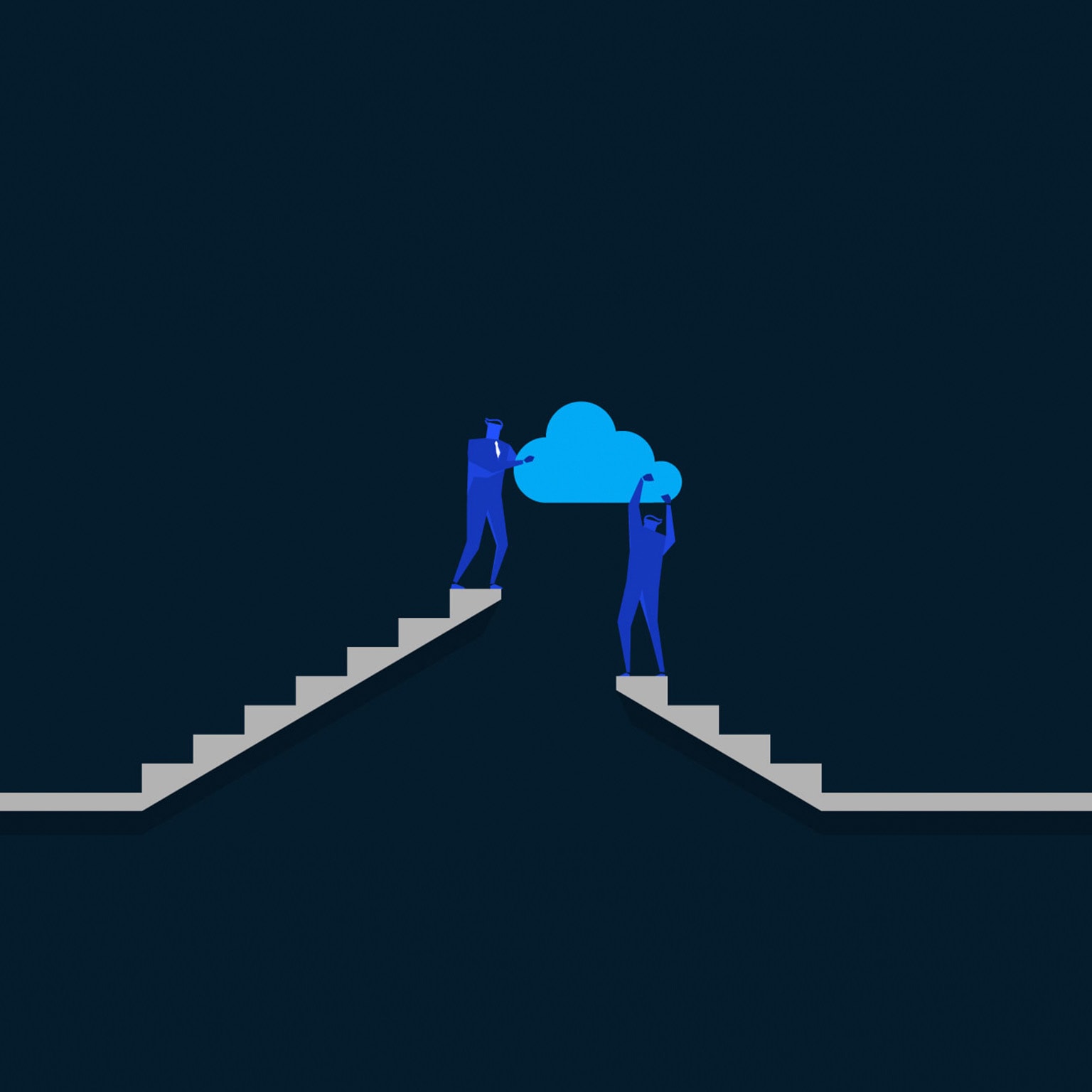two people on disjointed stairs holding cloud between them over gap - illustration