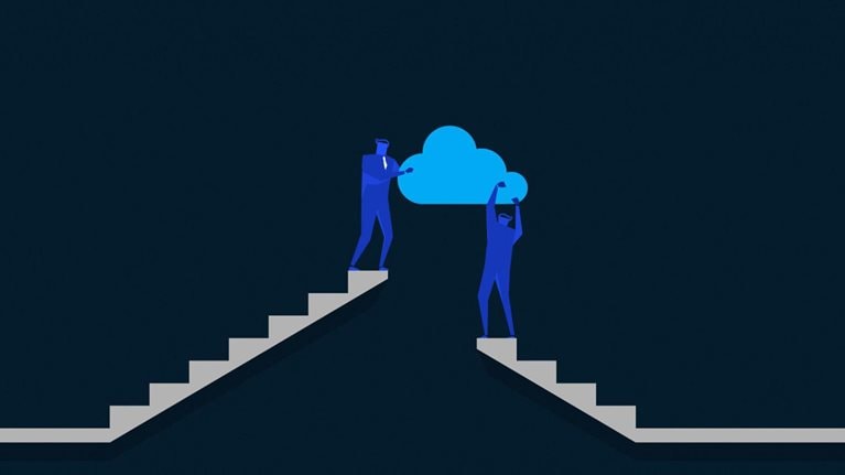 two people on disjointed stairs holding cloud between them over gap - illustration