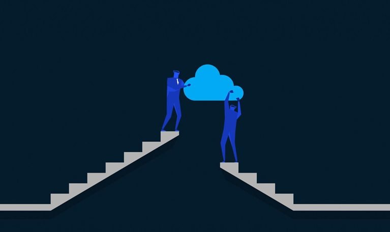 two people on disjointed stairs holding cloud between them over gap - illustration