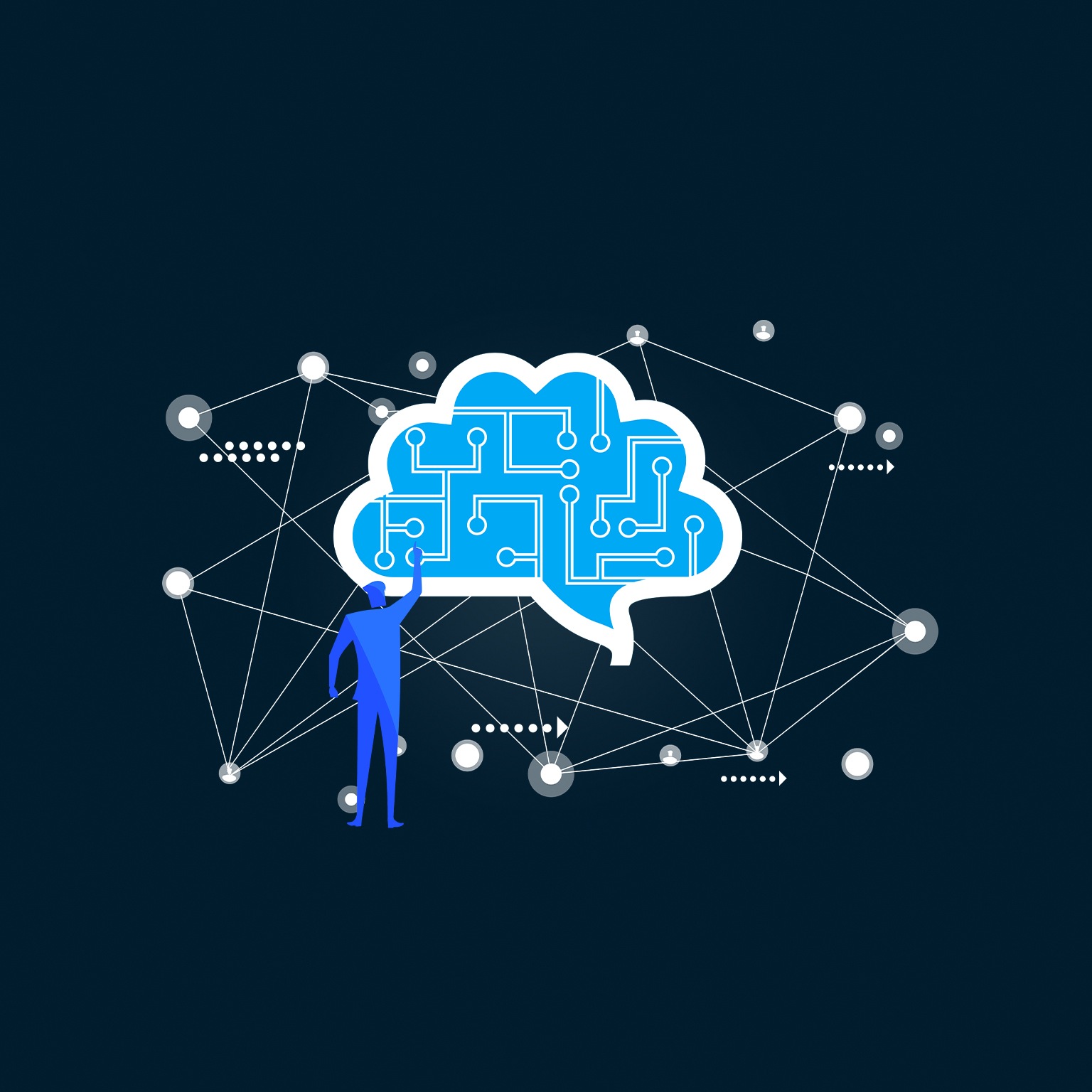 Person standing in front of futuristic rendition of artificial brain. - stock illustration