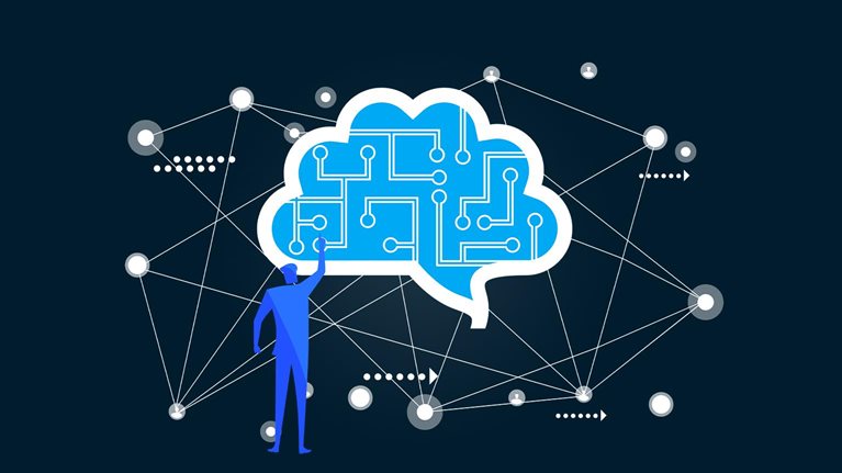 Person standing in front of futuristic rendition of artificial brain. - stock illustration