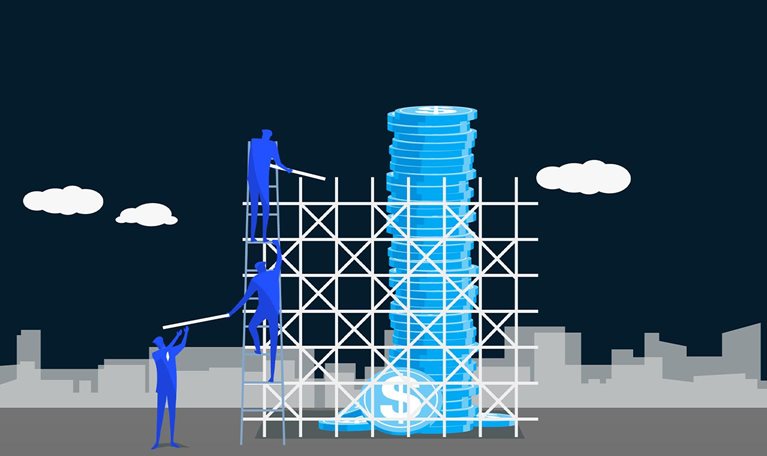 People on scaffolding, building stack of coins.