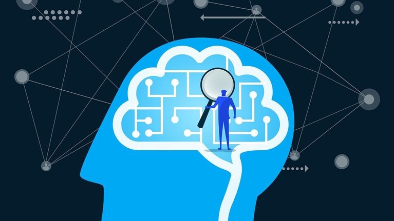 Man exploring artificial intelligence brain with magnifying glass.