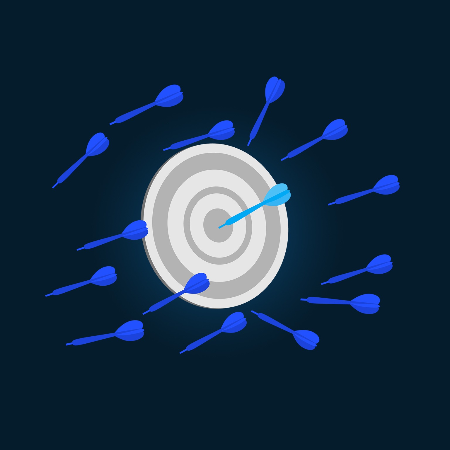 Illustration of darts, stuck in the wall, with one dart hitting the bullseye.
