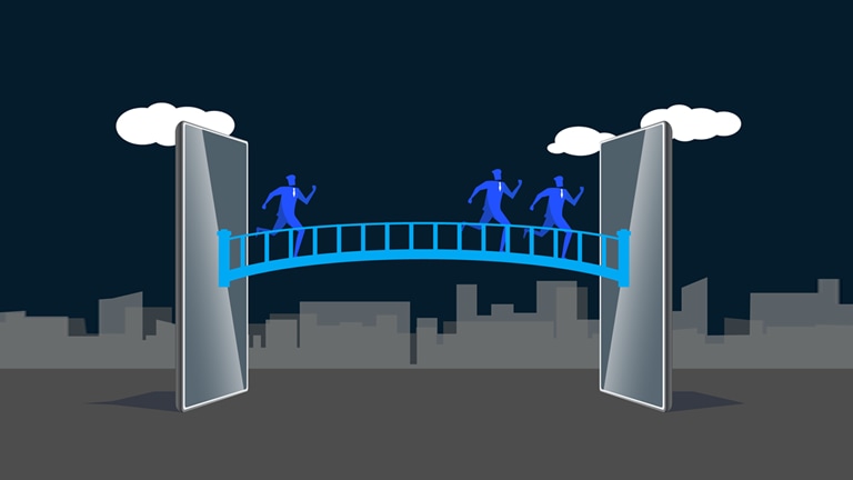 illustration people crossing a bridge