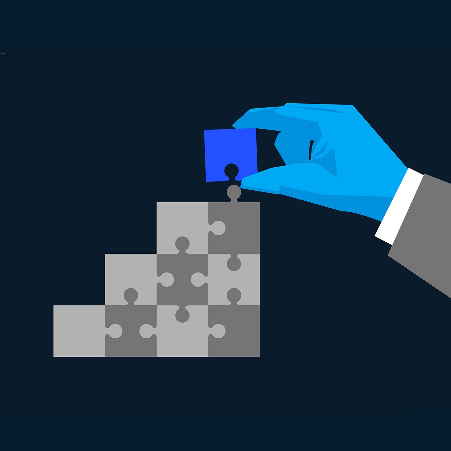 A hand is placing the final blue puzzle piece into a larger structure made of grey pieces. The image is an illustration symbolizing problem-solving, integration, or building a solution.