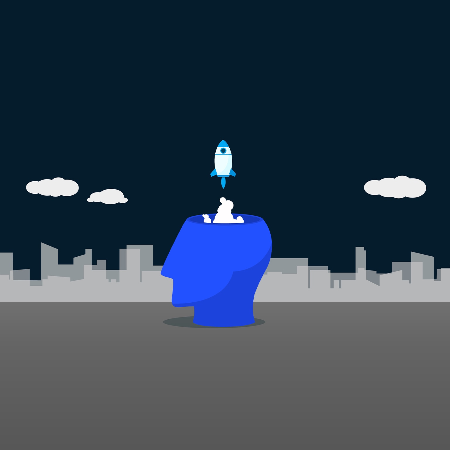 Illustration. Rocket launching from the brain.