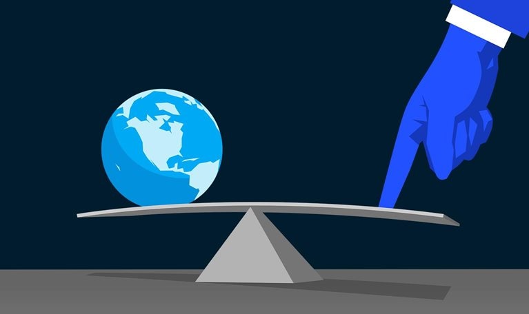 This image is a metaphorical illustration depicting the concept of global inequality or the delicate balance of power in international affairs.