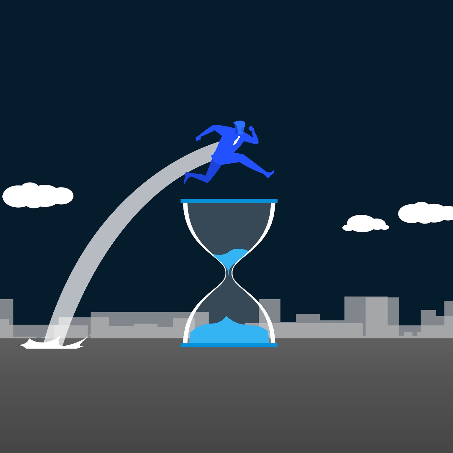 Man jumping over hourglass with sense of urgency. - stock illustration