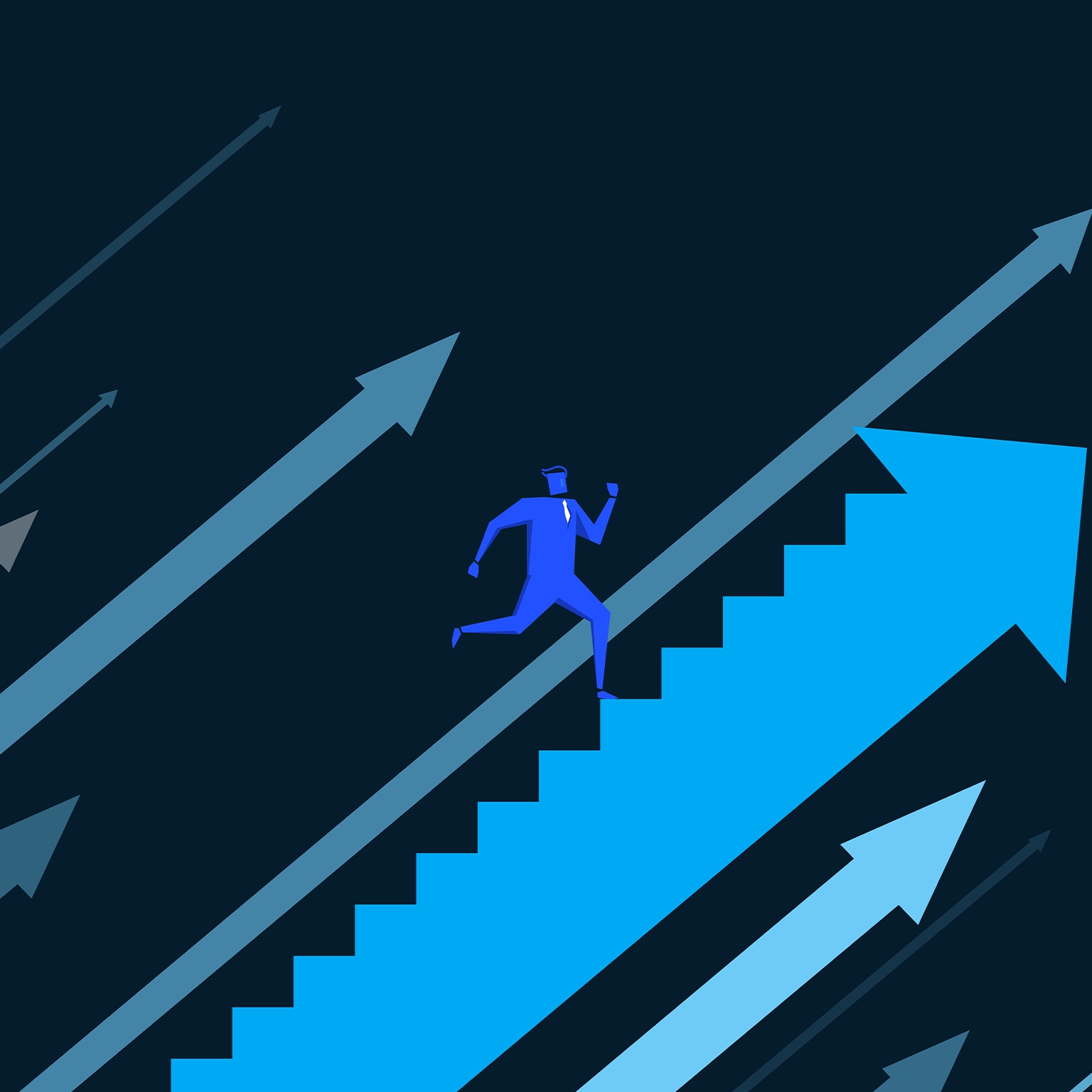 Person running up stairway shaped arrow. - illustration