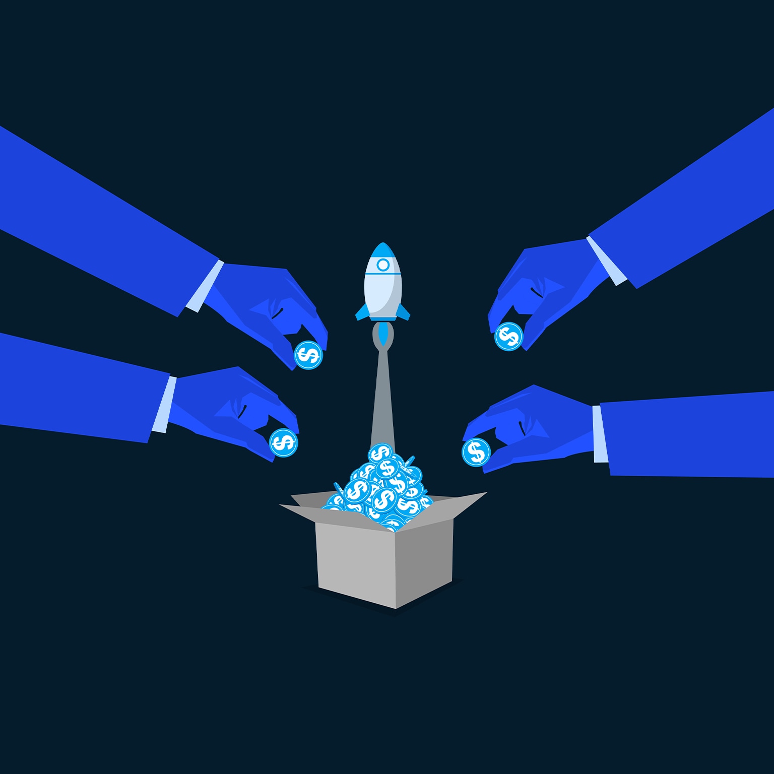 Crowdfunding illustration. Hands reaching out, dropping coins into box, with rocket launching from pile of money.