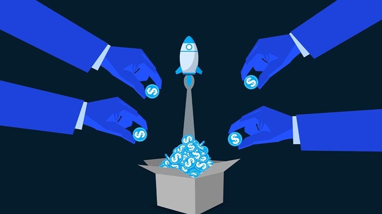 Crowdfunding illustration. Hands reaching out, dropping coins into box, with rocket launching from pile of money.
