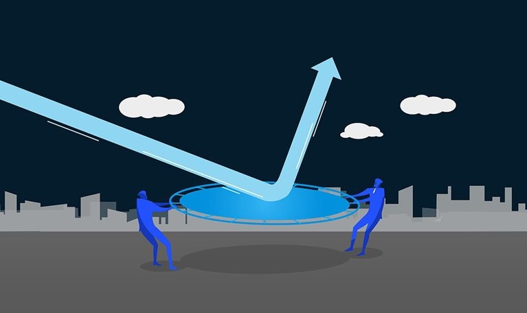 Reverse motion. Two people holding a trampoline, arrow hitting it and reversing in opposite direction.