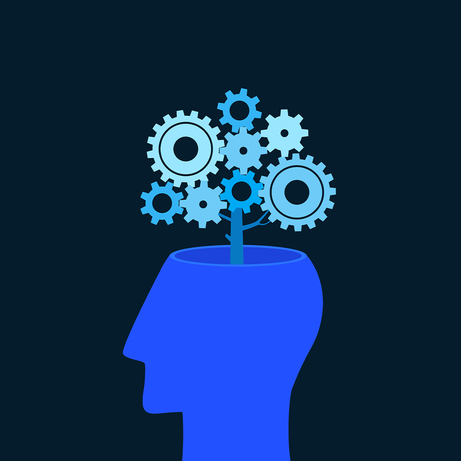 A tree full of gears grows out of the brain - stock illustration