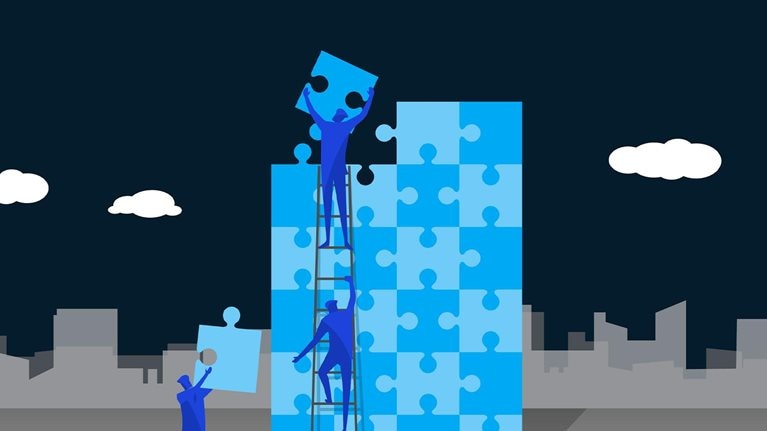 Illustration of several people assembling larger than life puzzle pieces together.