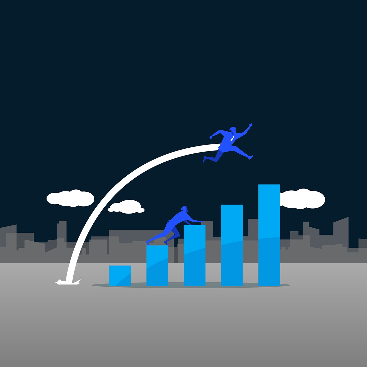 Illustration of one person climbing up bar chart, other person leaping, overtaking them, above.