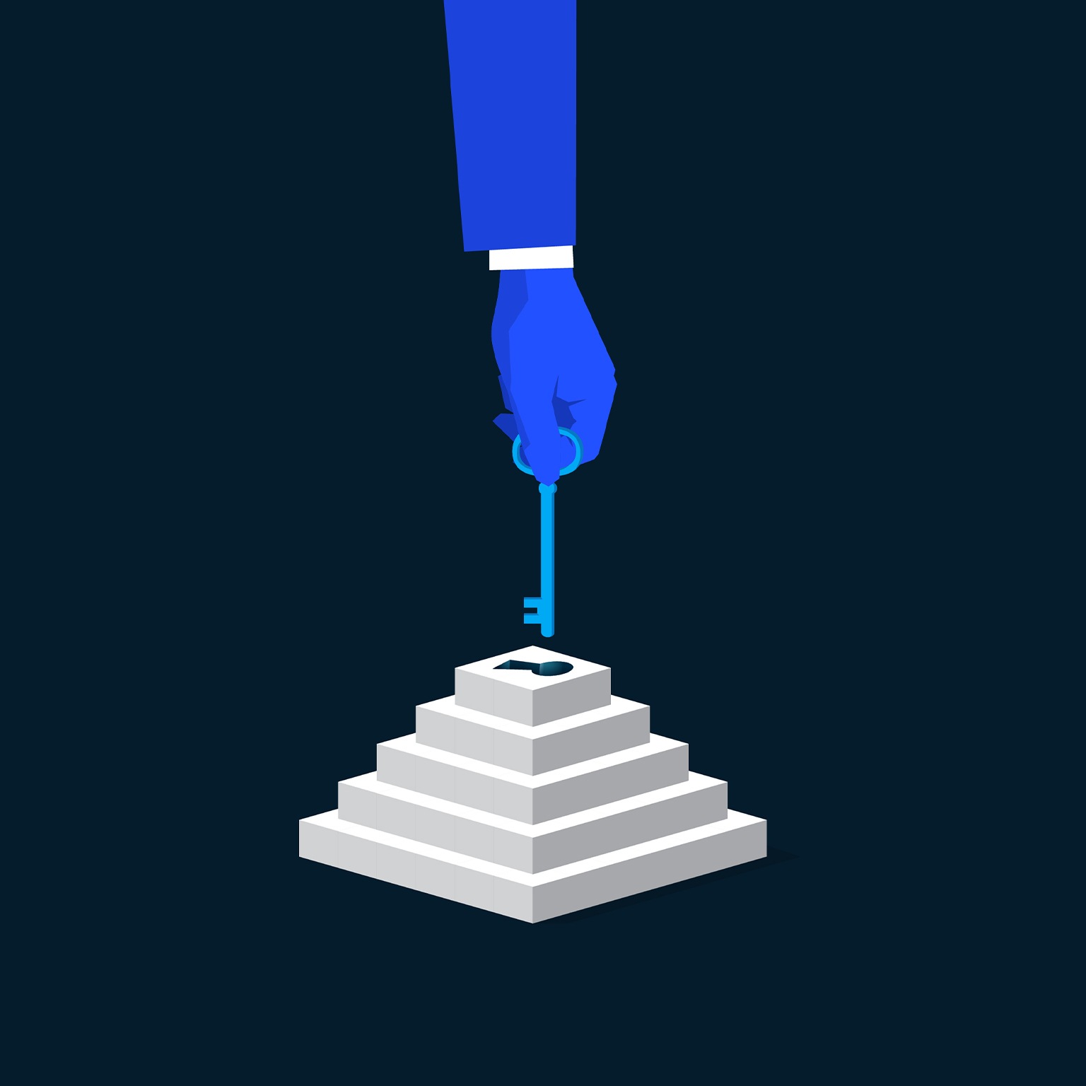 This illustration depicts a hand in a suit sleeve holding a key, positioning it above a staircase-like structure with a keyhole on top, symbolizing the key to success or a solution to a problem.